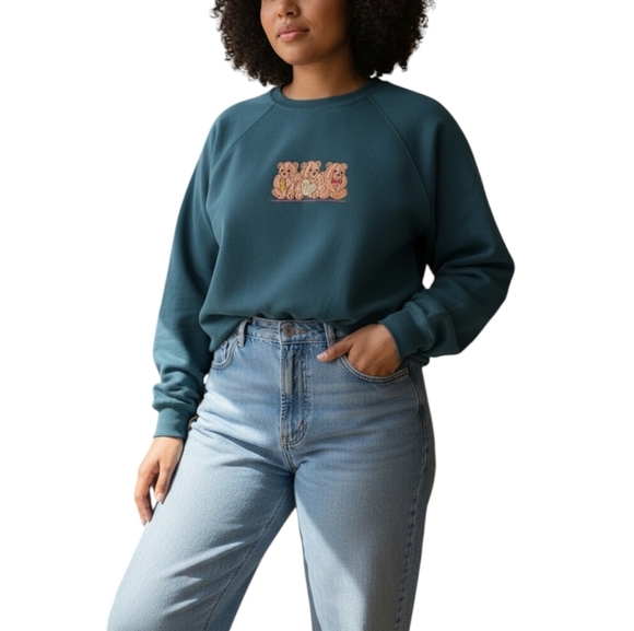 2X • Vintage • 90s Teal  Crewneck Sweater With Satin Bear Patch & Embroidery - Picture 8 of 8